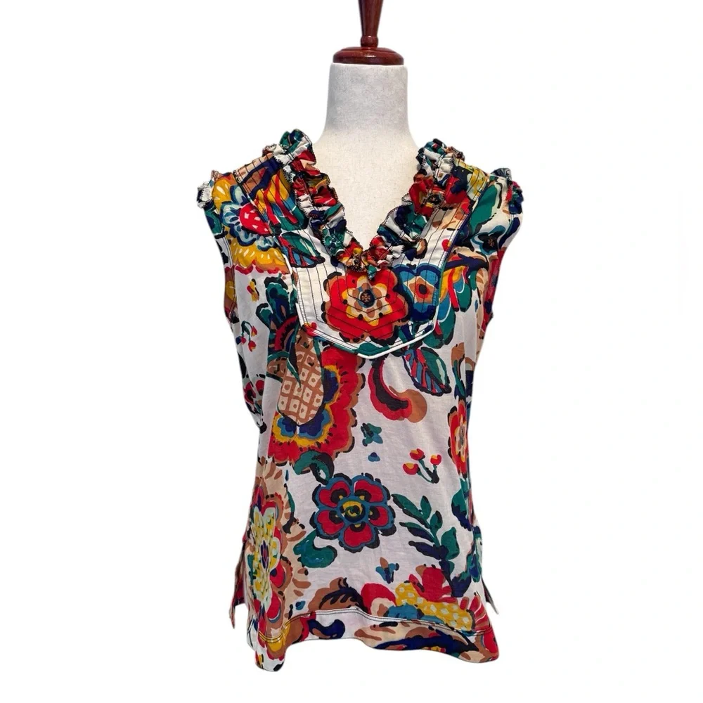 Tory Burch Floral Ruffle Neck Sleeveless Lightweight Top Size‎ 6